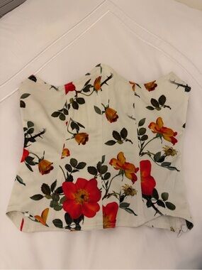 Floral Strapless Corset Top - White with Red & Yellow Roses